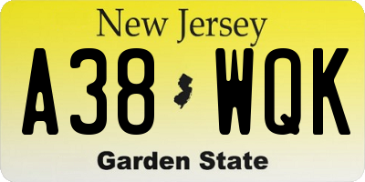 NJ license plate A38WQK