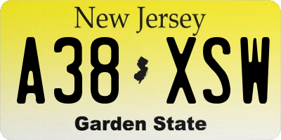 NJ license plate A38XSW