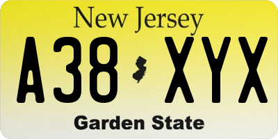 NJ license plate A38XYX