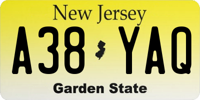 NJ license plate A38YAQ