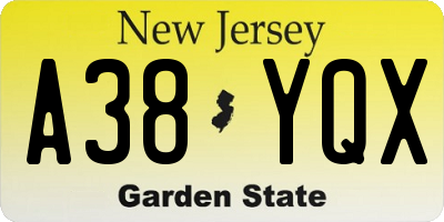 NJ license plate A38YQX