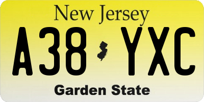 NJ license plate A38YXC
