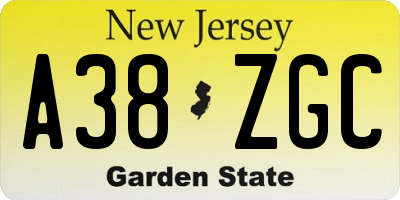 NJ license plate A38ZGC