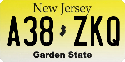 NJ license plate A38ZKQ