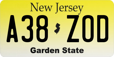 NJ license plate A38ZOD