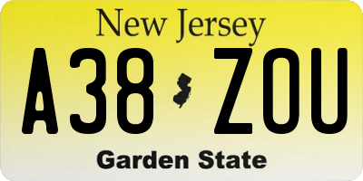 NJ license plate A38ZOU