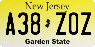 NJ license plate A38ZOZ