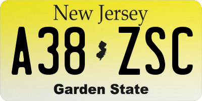 NJ license plate A38ZSC