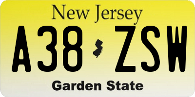 NJ license plate A38ZSW