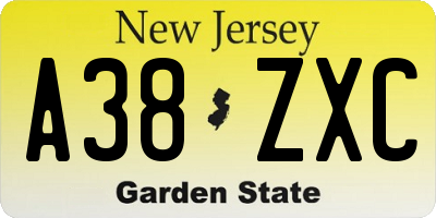NJ license plate A38ZXC