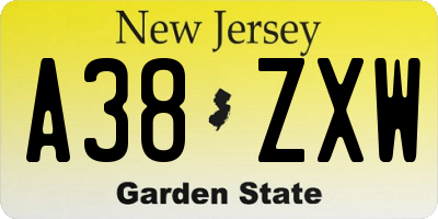 NJ license plate A38ZXW