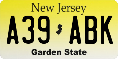 NJ license plate A39ABK