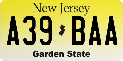 NJ license plate A39BAA