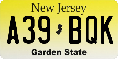 NJ license plate A39BQK