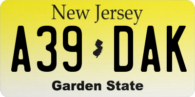 NJ license plate A39DAK