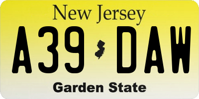 NJ license plate A39DAW