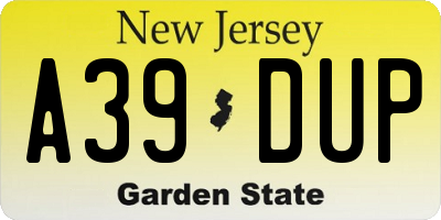 NJ license plate A39DUP