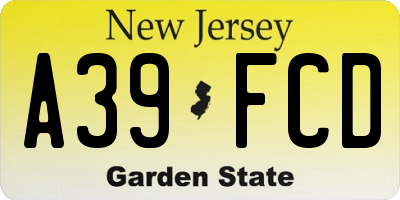 NJ license plate A39FCD