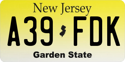 NJ license plate A39FDK