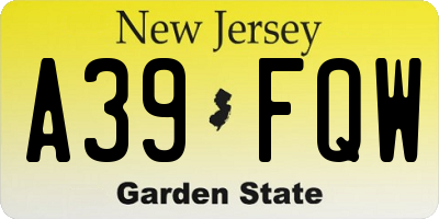 NJ license plate A39FQW
