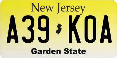 NJ license plate A39KOA