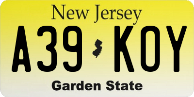 NJ license plate A39KOY
