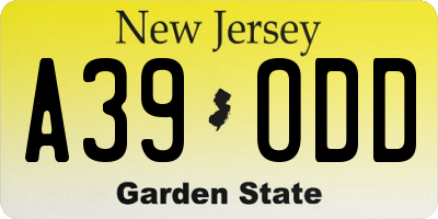 NJ license plate A39ODD