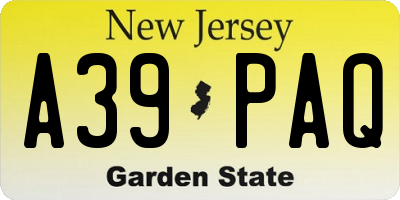 NJ license plate A39PAQ
