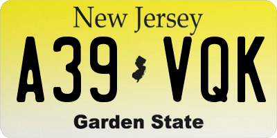 NJ license plate A39VQK