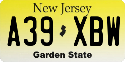 NJ license plate A39XBW