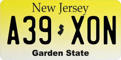 NJ license plate A39XON