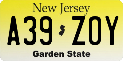 NJ license plate A39ZOY