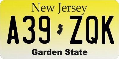 NJ license plate A39ZQK