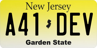 NJ license plate A41DEV