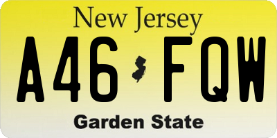 NJ license plate A46FQW