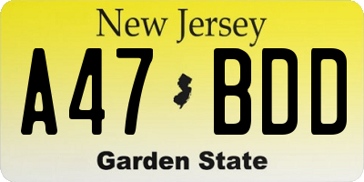 NJ license plate A47BDD