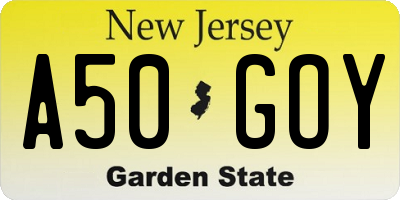 NJ license plate A50GOY