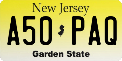 NJ license plate A50PAQ