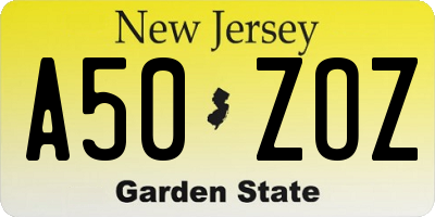 NJ license plate A50ZOZ