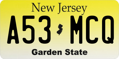 NJ license plate A53MCQ