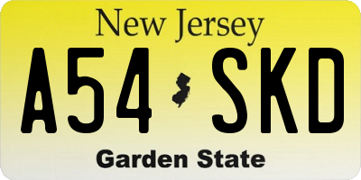 NJ license plate A54SKD