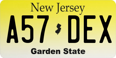 NJ license plate A57DEX