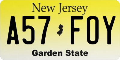 NJ license plate A57FOY