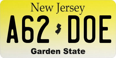 NJ license plate A62DOE