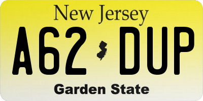 NJ license plate A62DUP