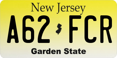 NJ license plate A62FCR