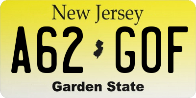 NJ license plate A62GOF