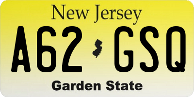 NJ license plate A62GSQ