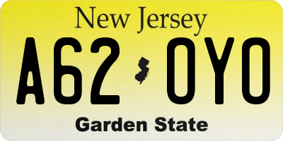 NJ license plate A62OYO