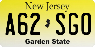 NJ license plate A62SGO